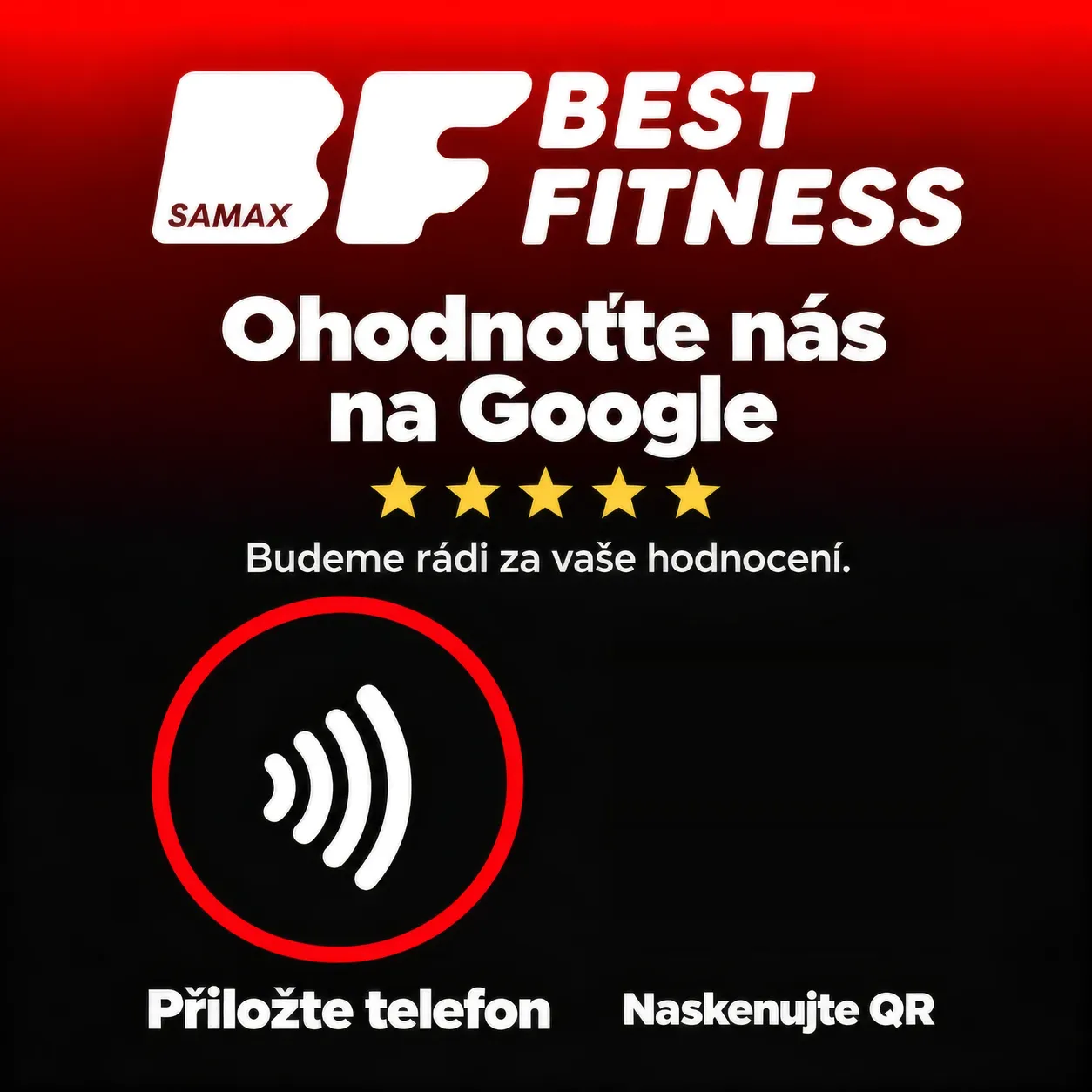 Deska posilovny Best Fitness ze Žďáru nad Sázavou: Ohodnoťte nás na Google, přiložte telefon nebo naskenujte QR